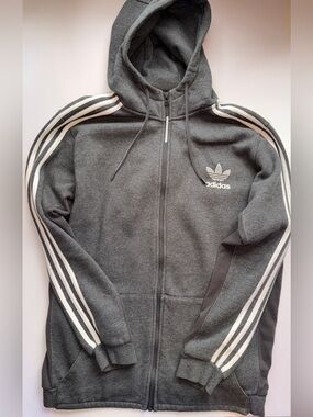 adidas Dark Gray Full-Zip Hoodie with White Stripes